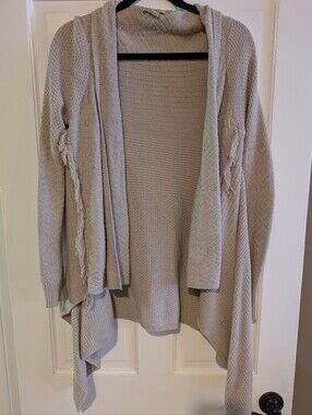 Lucky Brand Light Beige Hooded Open-Front Cardigan with Fringe